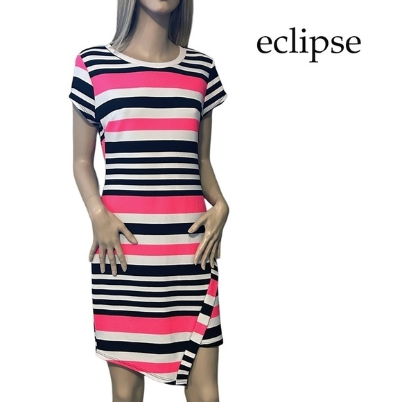 Eclipse Dress Colour Block Stripe Asymmetrical hemline Neon Pink Y2K Made in USA - Picture 1 of 13